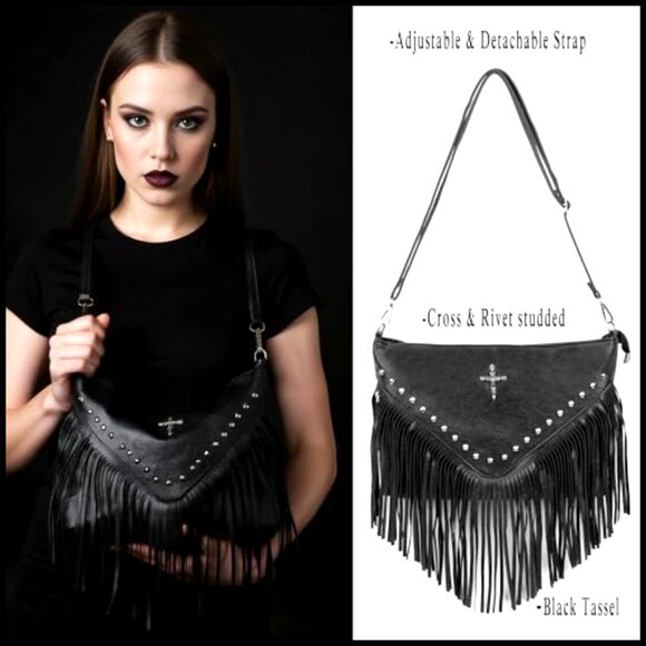Goth Punk Crossbody Bag Studded Rivet Fringe PU Leather Shoulder Purse - Picture 5 of 7